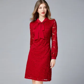 

2020 Women New Spring Autumn Temperament Chinese Style Lace Dress Elegant Bow Neck Long Sleeve Knee Length Midi Dress Big Size