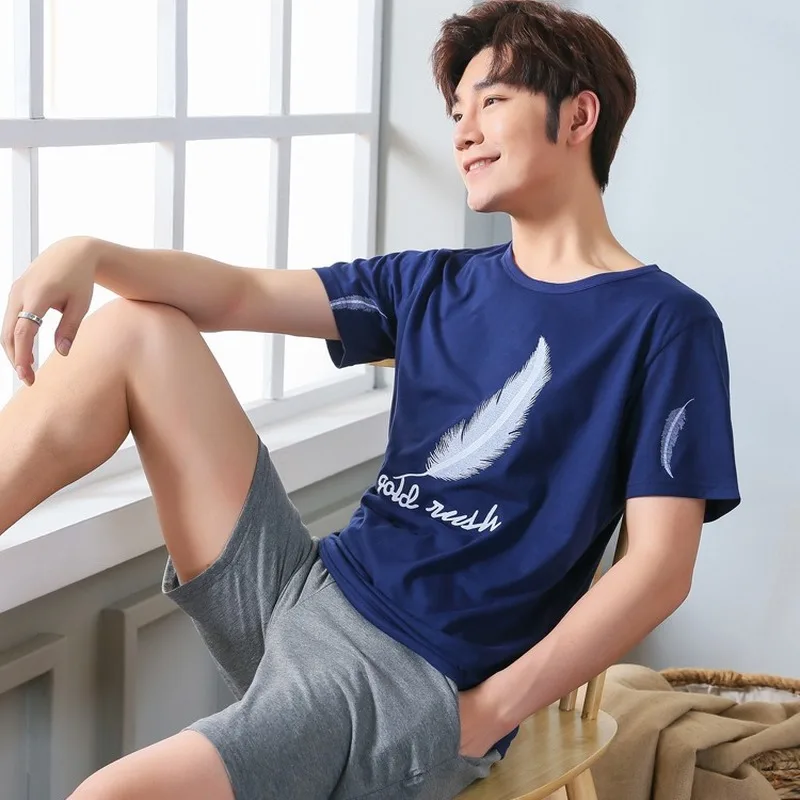 

Pajamas Sets Men Summer Knitted Cotton Short Sleeved Men's Male Pajama Set Letter Pajama for Men Sleepwear Suit Homewear Size