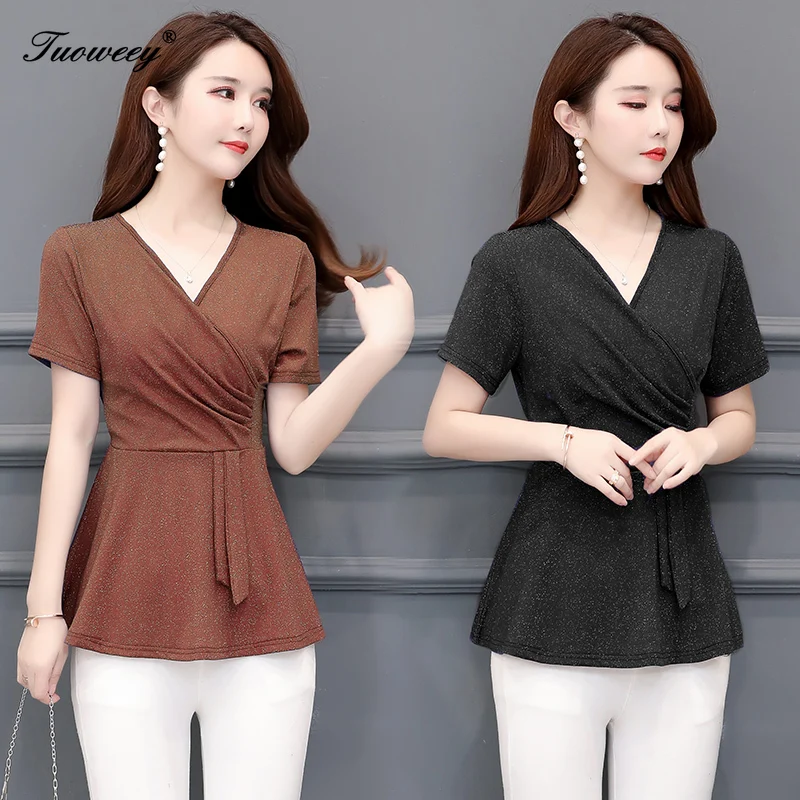 Женская блузка с коротким рукавом однотонная винтажная v образным вырезом
