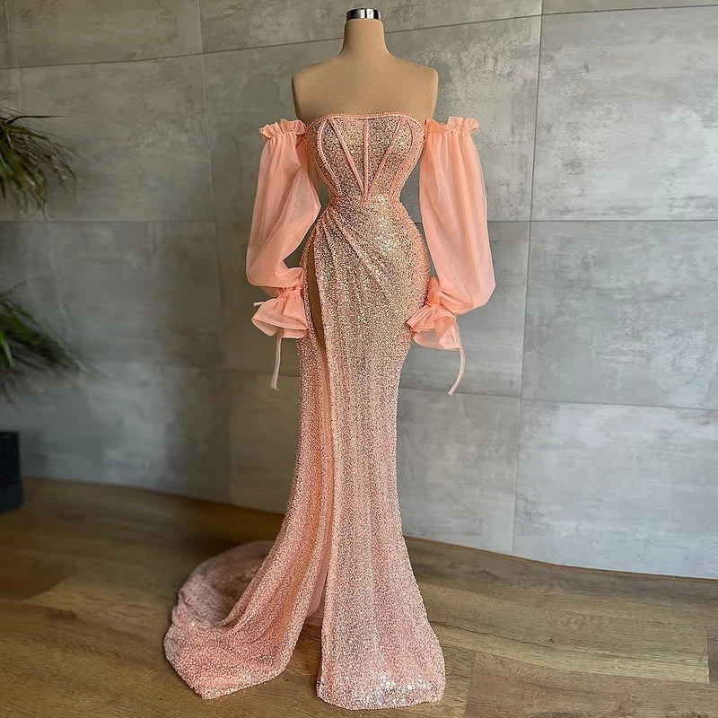 New Arrival Mermaid Prom Dresses Luxury Puffy Long Sleeves Sequins