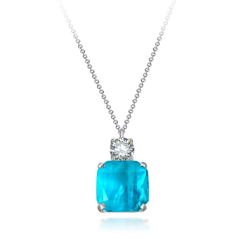 OEVAS 100% 925 Sterling Silver 15*15mm Square Synthetic Paraiba High Carbon Diamond Pendant Necklace For Women Fine Jewelry Gift
