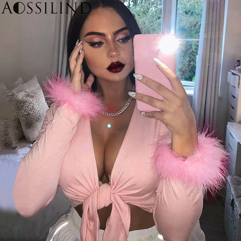 

AOSSILIND Knotted Sexy Crop Top Women Faux fur patchwork Long Sleeve T shirt 2019 Autumn Winter Casual Party Club Tops