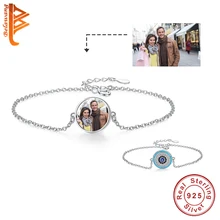 BELAWANG стерлингового серебра 925 пробы роскошный круглый синий счастливые глаза браслет мозаика CZ Регулируемая цепь настроить фото DIY персональные браслеты ювелирные изделия