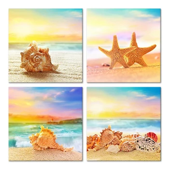 

JHLJIAJUN 4 Panel Canvas Painting conch sea star seascape photo mural home decoration frameless artwork adult gift