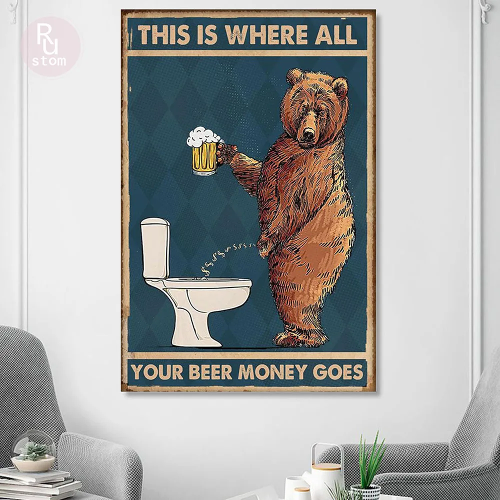Canvas Painting Grumpy Bear Drinking Beer To The Bathroom Posters Abstract Wall Art Pictures For Bathroom Toilet Home Decoration