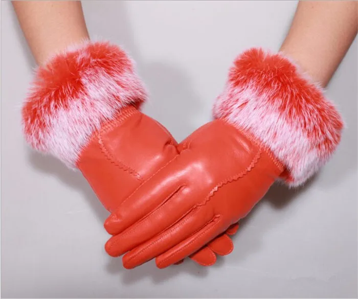 Женские кожаные перчатки с натуральным кроличьим мехом; сезон осень-зима; теплые бархатные перчатки из овечьей кожи;
