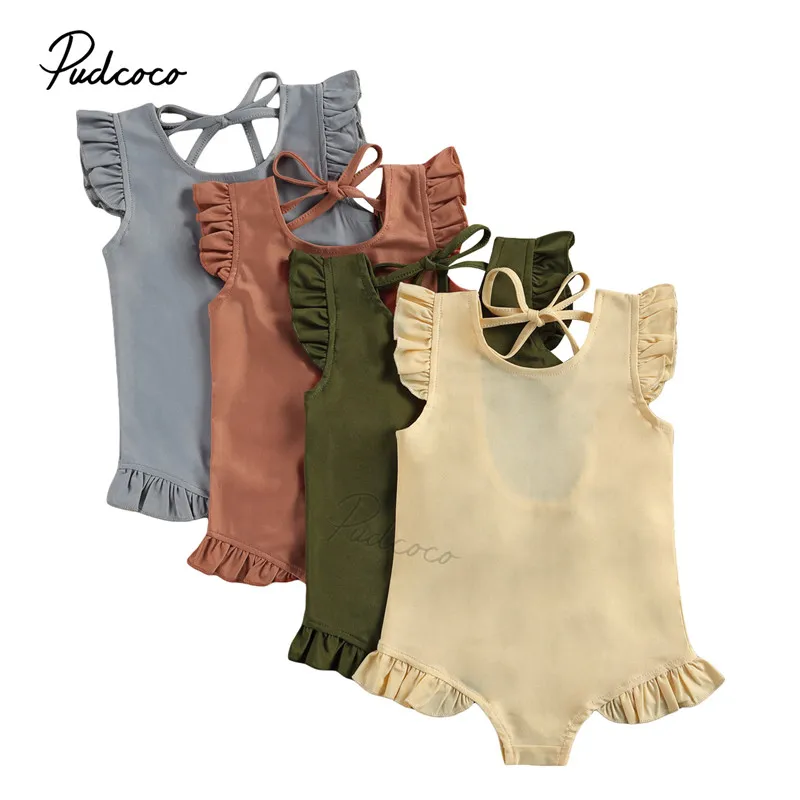 Toddlers Baby Summer Swimwear, Solid Color O-Neck Ruffle Sleeve Lacing Backless Swimsuit for Little Girls, 1-6 Years 1