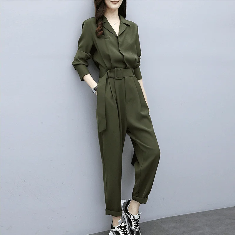 

Elegant Office Ladies Jumpsuits 2019 Autumn Long Sleeve Women Sets One Pieces Fashion Green Full Pant Jumpsuits Sashes WJ55