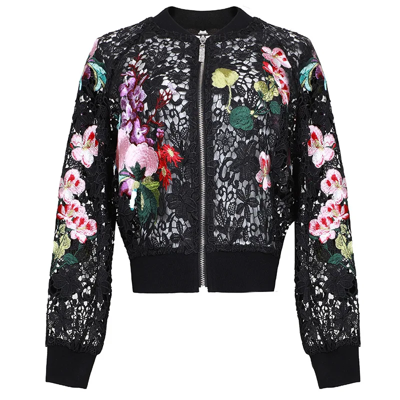 

2019 New Fashion Designer Runway Jackets Women Long Sleeve Black Lace Flower Embroidered outercoat High Quality