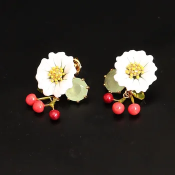 

2020 new arrival France enamel flower cherry design earrings brand cute clip stud earrings for girl women