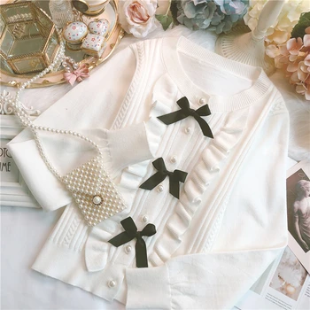 

Tender Girl Japanese Sweet Bowknot Retro Knit Top Ruffles Sweater White Coat O Neck Bow Cardigan