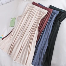 Винтажные женские плиссированные юбки с высокой талией и эластичной резинкой на талии, трапециевидная женская юбка, Повседневная элегантная женская Однотонная юбка до колена, 6 цветов