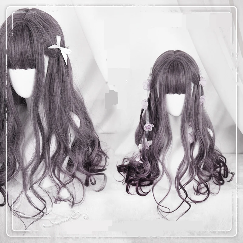 

Original Lolita Cosplay Wigs High-temperature Fiber Synthetic Hair Purple Red Wine Gradient Long Curly Hair + free hair cap