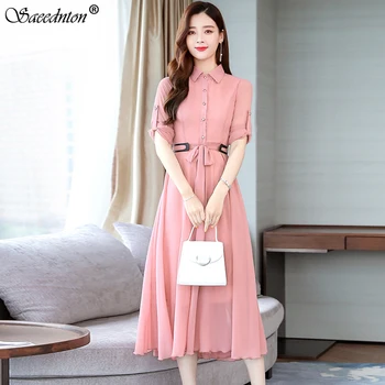 

Women Fashion Single-breasted Turn-down Shirt Dress 2020 Female Spring Casual Elegant Office Lady Work Long Sashes Long Dresses