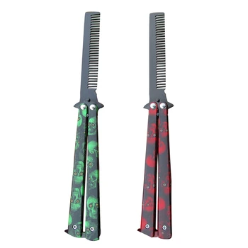 

2x Red /Green Hairdresser Stainless Steel Butterfly Training Combs Vintage Skeleton Folding Knife Practice