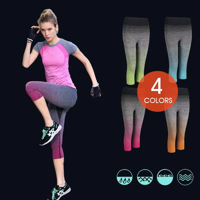2018 Women Gradient Color Running Tights Yoga Pants Exercise Capri Female Leggings Workout Trousers Gym Clothes Z029 | Спорт и