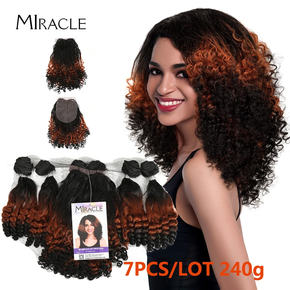 

Miracle Afro Kinky Curly Hair Bundles With Closure 14inch 7Pieces/Lot Synthetic Hair Extension Kinky Curly Wave Ombre Red Orange
