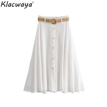 Klacwaya/женские белые льняные юбки с модным поясом, женские мягкие миди юбки с пуговицами, элегантная шикарная уличная юбка для девочек