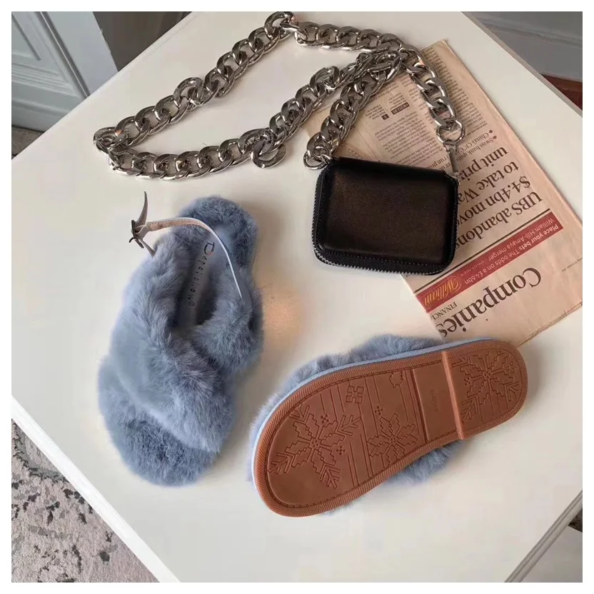 Blue Женские меховые тапочки; теплые меховые тапочки с лисой для женщин; повседневные шлепанцы на плоской подошве; Домашние меховые тапочки; пушистые сандалии; зимняя плюшевая обувь - Цвет: Blue