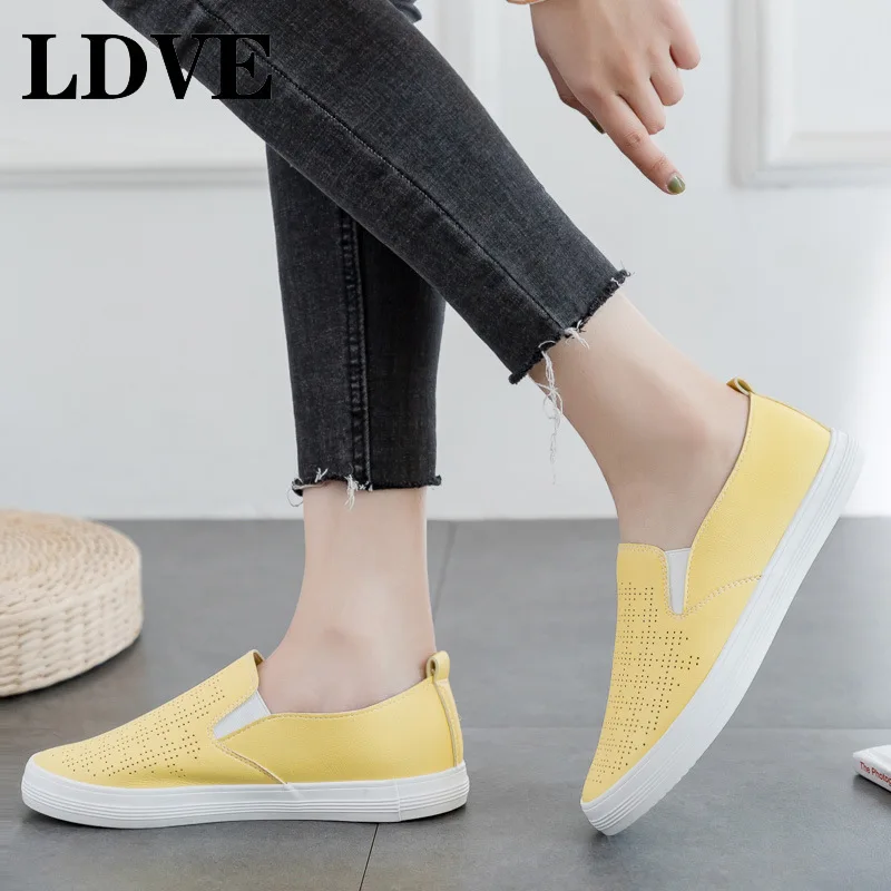 

Pink Shoes Women Yellow Sneakers Slip On Moccasins Girl Leather Shoes Summer Breathable Nice Quality Solid Color All Match 35-40