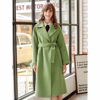 

Belt long double Wool Winter Coat Women slim Avocado green jacket Modis coats 2019 autumn and winter new arrival