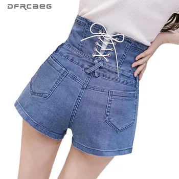 

High Waist Strench Woman Denim Short With Lace UP 2020 Summer Single Button Casual Ladies Vintage Jean Shorts Streetwear