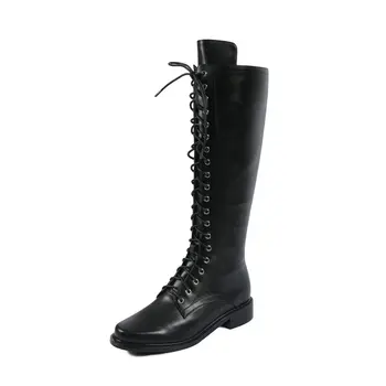 

Retro Genuine Leather Office Lady knee high Boots Concise Motorcycle Boots Platform Cross Tied Chunky Heels Shoes Woman