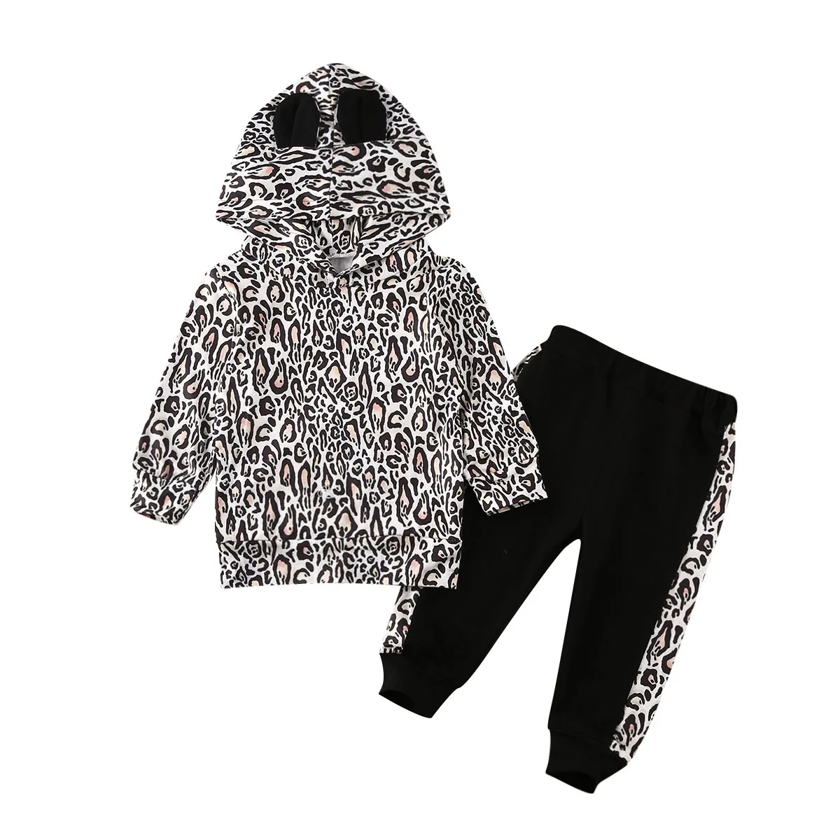 Детские леопардовые для малышей и девочек, одежда с принтом толстовка с капюшоном и длинными рукавами+ длинные штаны, комплект детский осенне-зимний спортивный костюм для девочек