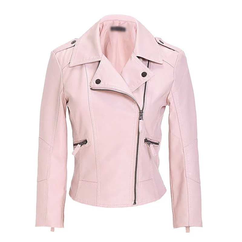 Fashion Office Lady Women Faux Leather Jacket Slim Solid PU Jackets and Coats Turn-down Collar Streetwear - Цвет: Розовый
