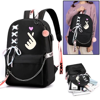 

Hot Sale Women Backpack Cute Finger Than Heart Chain Backpack for School Teenagers Girls Student Book Bag USB Canvas Travel Bags