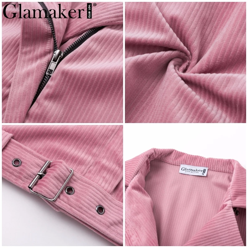 Glamaker вельветовое розовое повседневное пальто для женщин зима осень пояс Женская Базовая короткая куртка Дамская мода уличная куртка