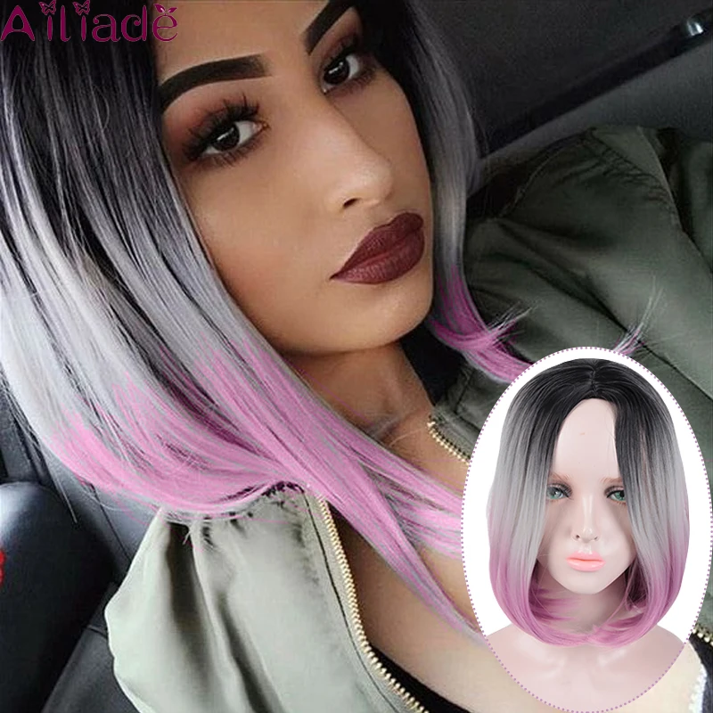 

AILIADE Short Straight Ombre Pink Heat Resistant Straight Bob Wig For Women Black darkroot Heat Resistant Fiber Synthetic Hair