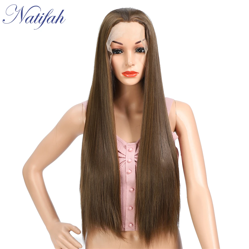 Natifah коричневый парик синтетические парики на кружеве 26 дюймов 150% плотность длинные прямые волосы коричневый оранжевый для черных женщин - Цвет: 30