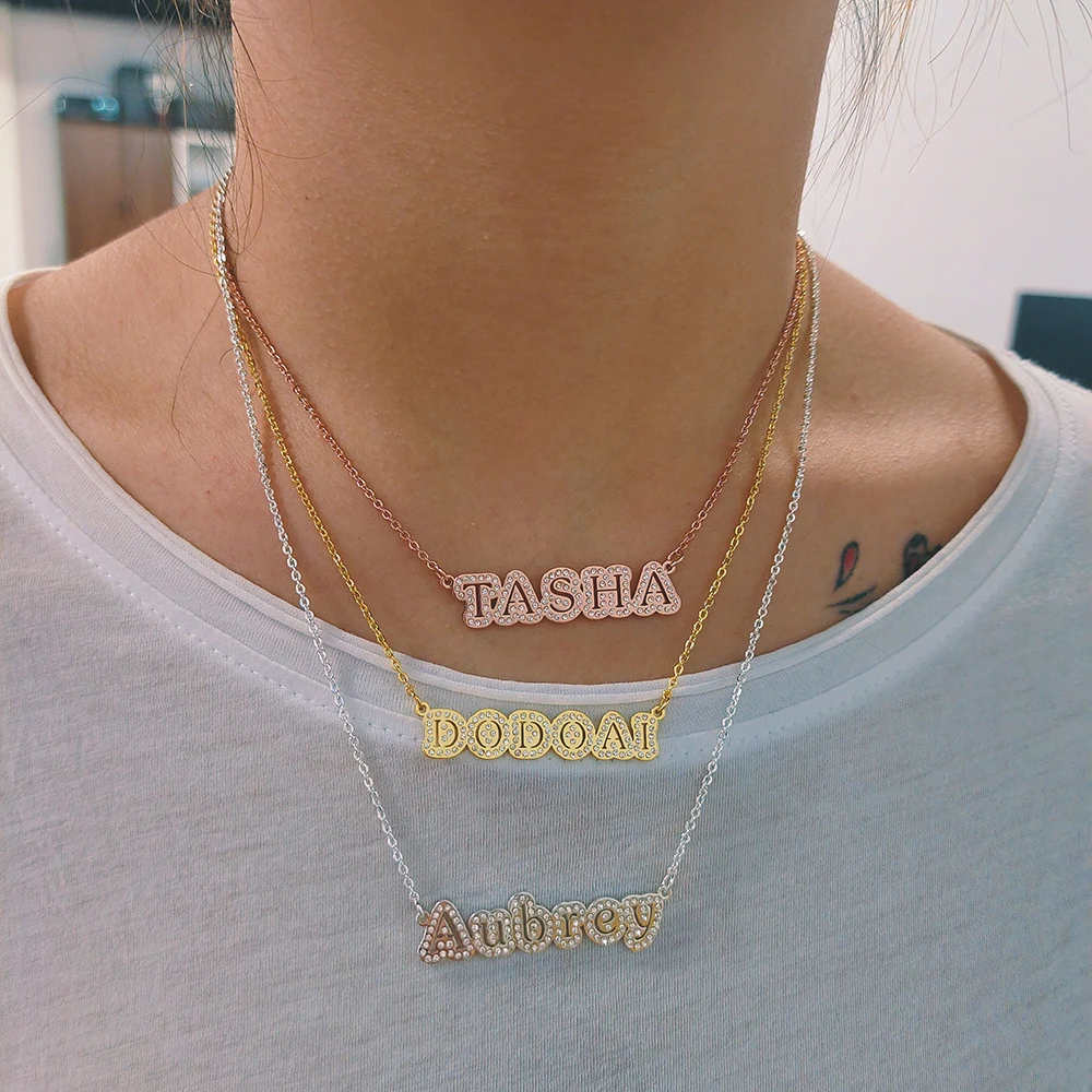 LUER New Stainless Steel Customized Name Zircon Necklac/Custom Rhinestone Name Letter Nameplate Pendant For Women Jewelry Gifts a z custom stainless steel bling bubble letters name necklace pendant rhinestone hip hop tennis chain necklaces jewelry gift