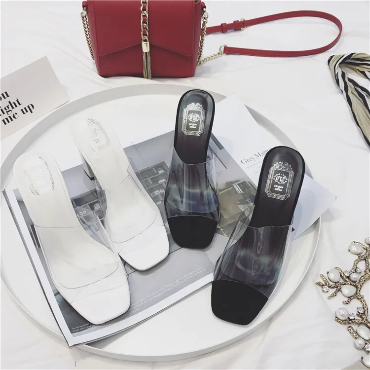 

2018 Summer New Style Korean-style Women's Slippers High-Heel Chunky-Heel Peep-toe Sandals Versatile White WOMEN'S Sandals WOMEN