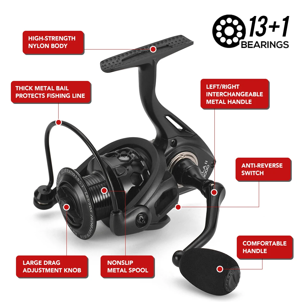 1000-6000 Series Lightweight Hollow Carp Fishing Reel 13+1 Ball Bearings 5.2:1 / 4.8:1 Fishing Reel Spinning Reel