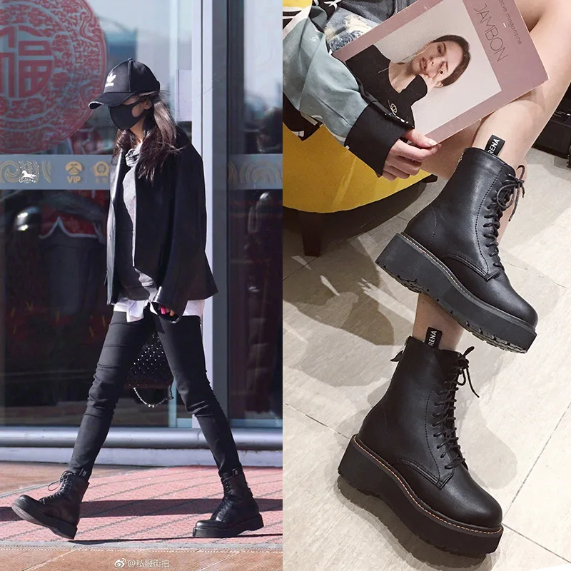 

Bootee Woman 2019 Low Heels booties Round Toe Women's Rubber Boots Shoes Lace Up Leather Booties Rain Winter Autumn Lolita