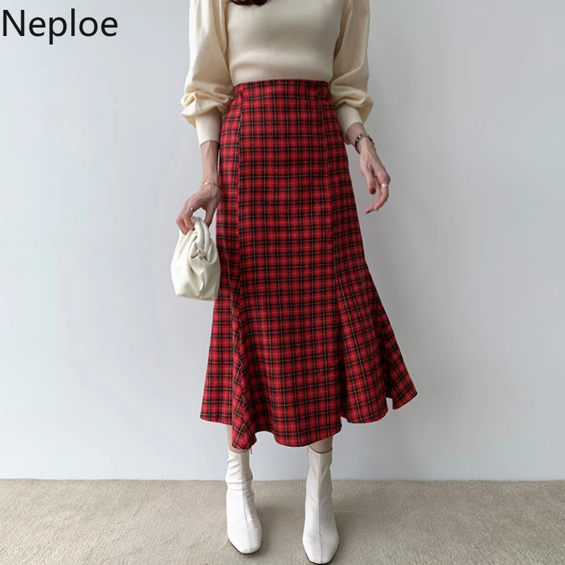 Neploe, осенняя, весенняя, шикарная, модная, клетчатая юбка в полоску, высокая талия, бедра, складки, Русалка, элегантная, с оборками, Jupe Femme, верхняя одежда для девушек, Ropa