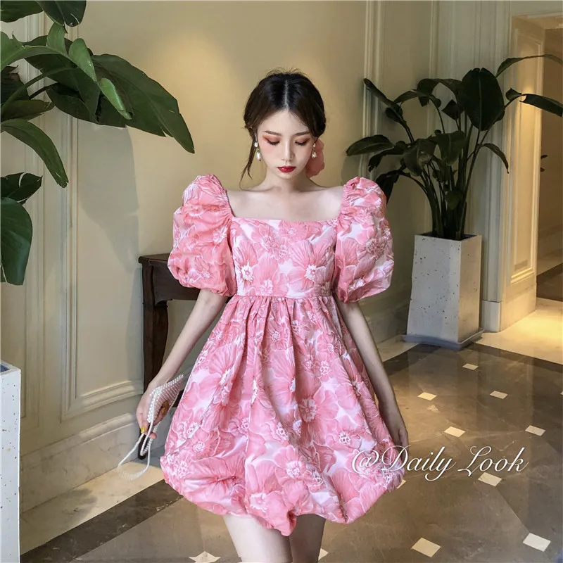 French Summer Temperament Dress Sweet Square Collar Tender Girl Puff Sleeve Dress Backless Bandage Bow Jacquard Party Bud Dresse