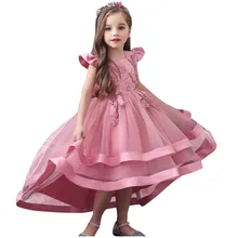 Платье принцессы с цветочным узором для девочек; Детские вечерние торжественные платья-пачки на свадьбу; однотонная одежда с круглым вырезом и аппликацией; Детские платья для девочек