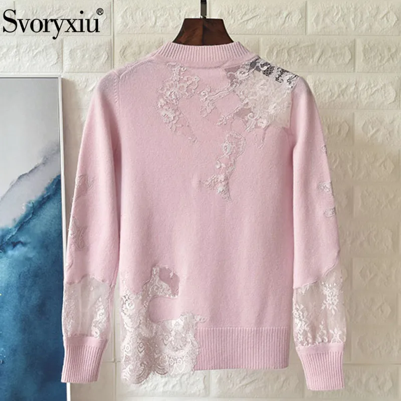 Svoryxiu женский осенне-зимний высококачественный кашемировый лоскутный кружевной свитер Пуловеры дизайнер длинный рукав вязаный джемпер Топы