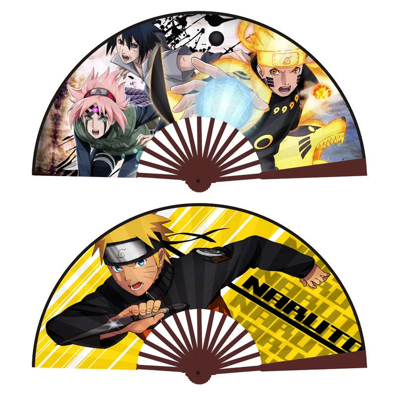

10 Inch Anime Naruto Printed Hand Fans Bamboo Silk Cloth Folding Hollow Carved Hand Held Fans Event & Party Supplies Decoration