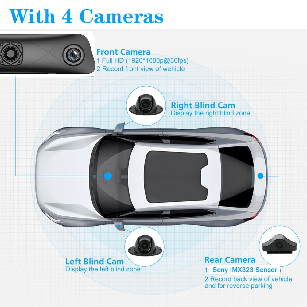 Dashcam 360° Panoramic View 4 Channel Car DVR Cameras Center Console Android 12 Inch Smart Central Control 4G WiFi ADAS GPS 3