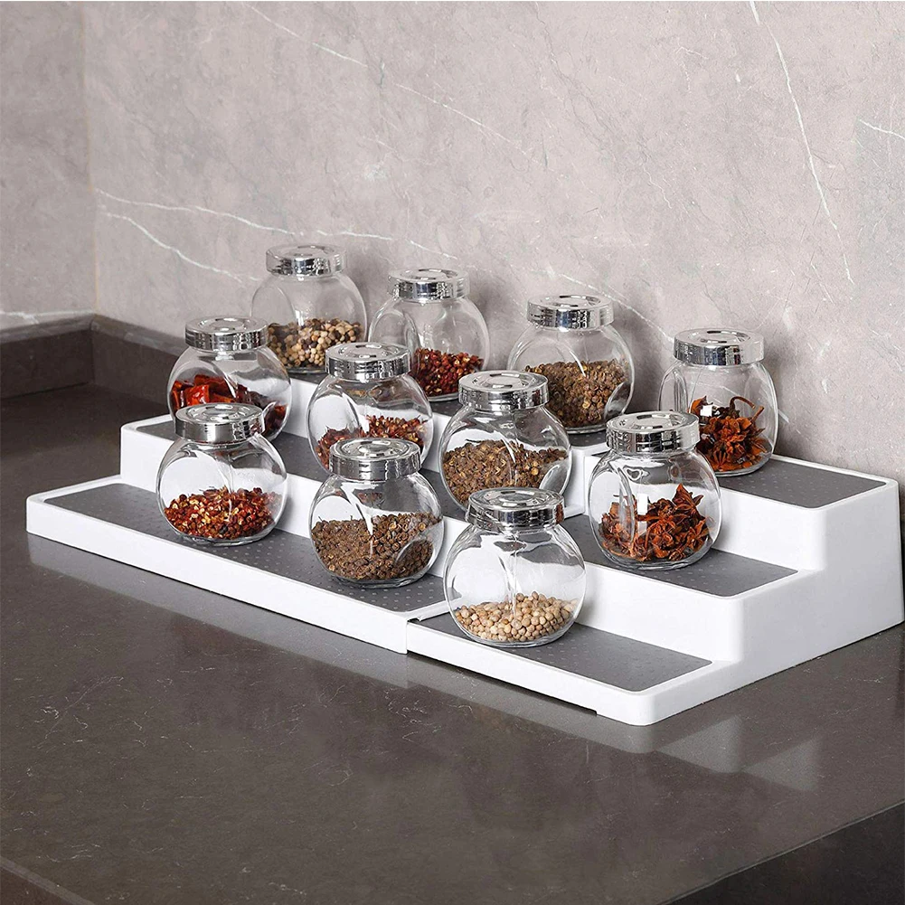 3-Tier Spice Pantry Spice Rack Expandable Step Shelf Cabinet Non Skid Kitchen Organizer Waterproof