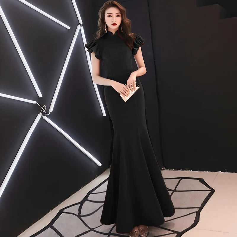 black Skyyue A-Line Eveing платье с v-образным вырезом и длинным рукавом Robe De Soiree сплошное до пола размера плюс цвет на заказ вечернее платье E089 - Цвет: black