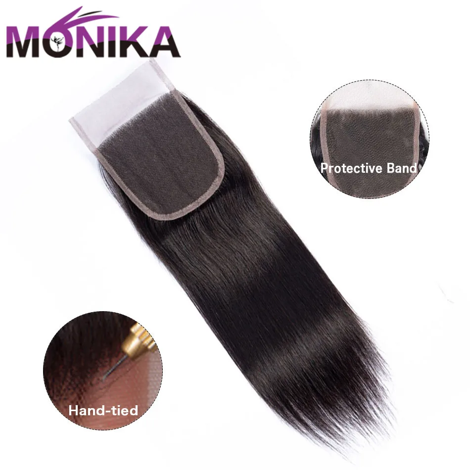 Najtaniej Monika wsuwki do włosów peruwiański prosto zamknięcie ludzkie włosy 4x4 szwajcarskie zamknięcie koronki 1 sztuka nie Remy włosy darmowa wysyłka