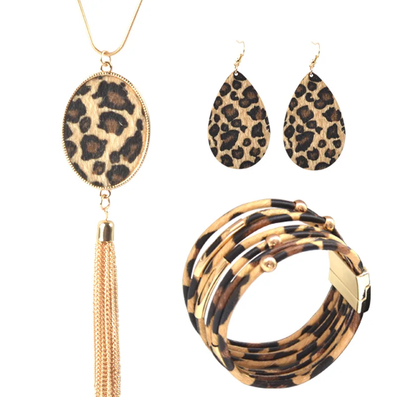 Массивный Леопардовый набор украшений для женщин Леопардовый кожаный браслет каплевидные висячие серьги длинные кисточки кулон ожерелье