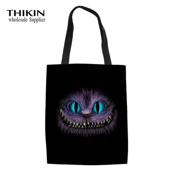 

THIKIN Cheshire Cat Print Girls Shopping Bag Alice In Wonderland Reusable Foldable Shoulder Bag Fashion Bags Ladies Handbags