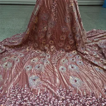

French Velvet Tulle Mesh Fabric With sequins pink/gold Embroidery High Quality Wedding Dress For Women African Lace Fabric