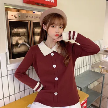 

female girls Color matching Lapel collar long sleeve knitted shirt women's new versatile single breasted autumn winter Pullover